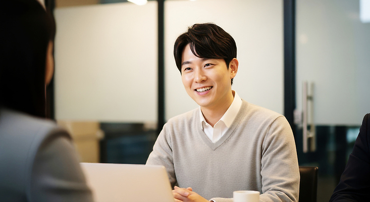 JPG 편집이미지 여자 남자 생각 회의 협력 아이디어 대화 미소 사무실 업무 분위기 의사소통 피드백 의료성형뷰티 편집실사 AI인물포토 AI콘텐츠 컨셉 비즈니스 표정 말하기 사람 작업 CG 파일형식 AI포토