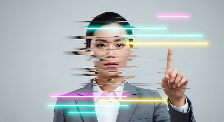 JPG 편집이미지 여자 비즈니스 손가락 기술 정장 컴퓨터 스크린 자료 정보 집중 모던 혁명 의료성형뷰티 가상 상호작용 편집실사 AI컴퓨터그래픽 AI콘텐츠 손 옷 컨셉 사람 전자제품 CG 파일형식