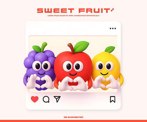 PSD 편집이미지 캐릭터 디자인 컬러 과일 포도 웃음 3D 귀여움 하트 표현 사과 레몬 감성 창의력 이미지편집 편집3D 모양 컨셉 표정 디지털합성 파일형식
