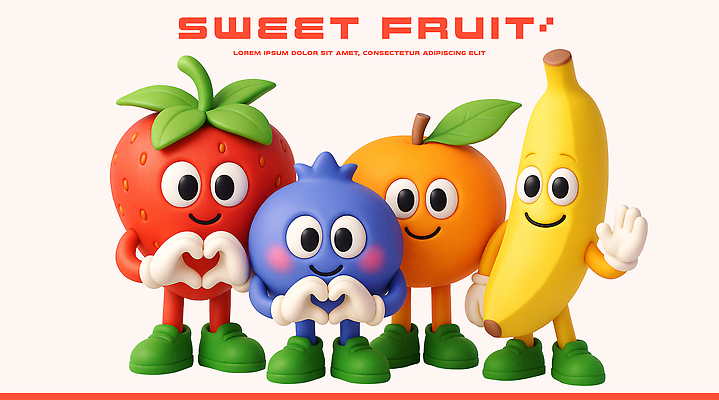 PSD 편집이미지 캐릭터 디자인 상징 컬러 포즈 과일 사랑 웃음 친구 3D 표현 즐거움 이미지편집 편집3D 감정 관계 표정 디지털합성 파일형식