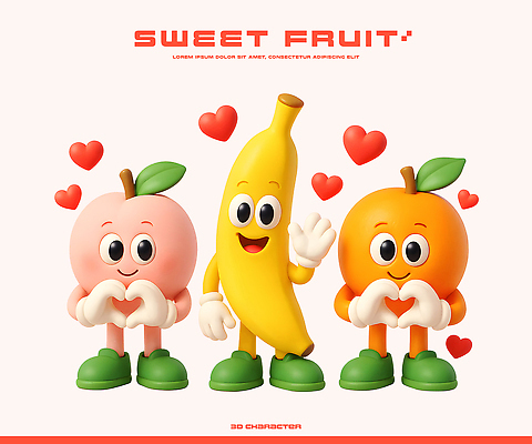 PSD 편집이미지 캐릭터 행복 컬러 포즈 과일 바나나 표정 사랑 웃음 친구 3D 귀여움 즐거움 복숭아 이미지편집 편집3D 감정 컨셉 관계 디지털합성 파일형식