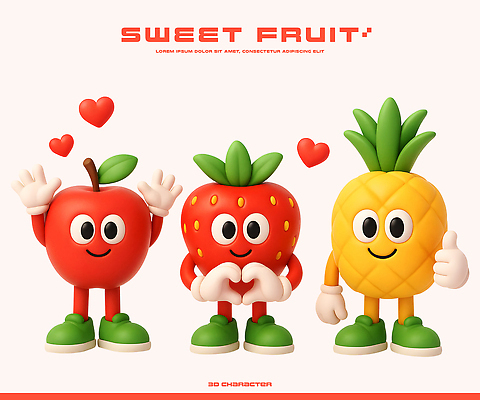 PSD 편집이미지 캐릭터 디자인 감정 포즈 과일 딸기 사랑 웃음 손짓 컬러풀 3D 귀여움 사과 파인애플 이미지편집 편집3D 컬러 컨셉 모션 표정 디지털합성 열대과일 파일형식