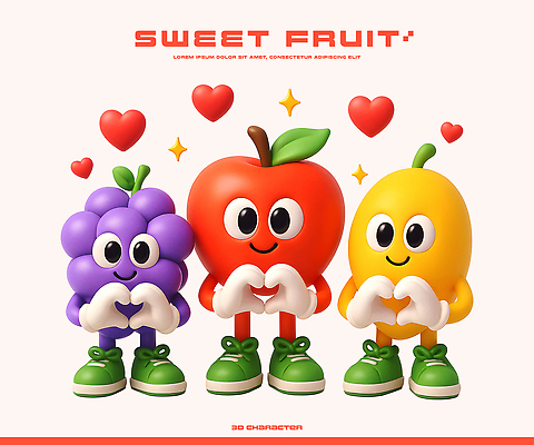 PSD 편집이미지 캐릭터 디자인 상징 컬러 과일 포도 사랑 조형물 3D 귀여움 하트 표현 사과 조화 이미지편집 편집3D 모양 감정 컨셉 미술 디지털합성 파일형식