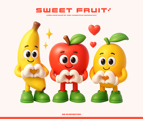 PSD 편집이미지 캐릭터 손 감정 컬러 과일 바나나 표정 사랑 웃음 친구 3D 귀여움 하트 사과 레몬 이미지편집 편집3D 모양 컨셉 관계 신체부위 디지털합성 파일형식