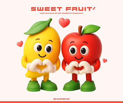 PSD 편집이미지 캐릭터 감정 과일 표정 사랑 친구 3D 귀여움 우정 하트 사과 레몬 조화 소통 이미지편집 편집3D 모양 컨셉 관계 디지털합성 파일형식