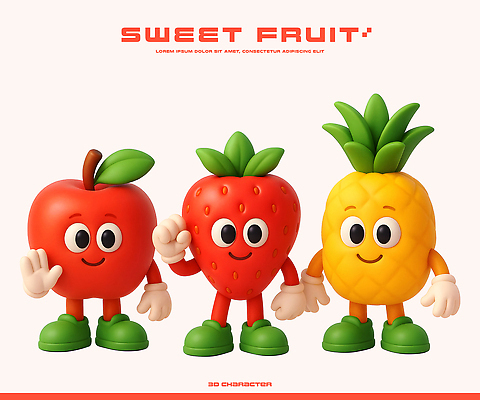 PSD 편집이미지 캐릭터 디자인 컬러 과일 딸기 웃음 장식 3D 귀여움 기쁨 표현 사과 파인애플 아이템 손흔들기 이미지편집 편집3D 감정 컨셉 모션 표정 디지털합성 열대과일 파일형식