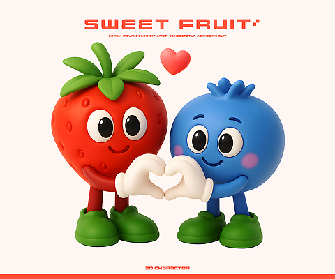 모양 PSD 편집이미지 캐릭터 손 과일 놀이 딸기 표정 사랑 친구 3D 귀여움 만남 하트 블루베리 밝은색 이미지편집 편집3D 감정 컨셉 관계 신체부위 디지털합성 파일형식