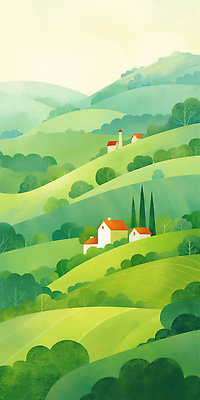 JPG 나무 식물 일러스트 자연 하늘 산 주택 풍경 초원 초록색 여름 평화 마을 일출 환경 일몰 시골 언덕 기온 뷰티풀 국내일러스트 AI일러스트 AI콘텐츠 계절 컬러 컨셉 날씨 건물 노을 생태계 파일형식