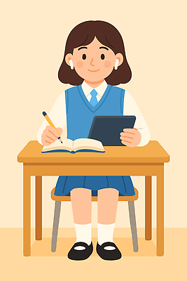 학생 여학생 교육 교복 어린이 의자 일러스트 교실 학교 기술 소녀 일상 책 학습 태블릿 교양 기록 집중 모던 교과서 국내일러스트 AI파일 옷 여자 가구 컨셉 교재 사람 라이프 전자제품 스마트기기 파일형식 벡터