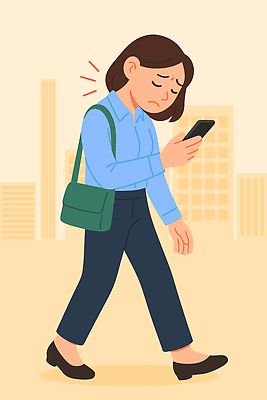 여자 감정 백그라운드 이동 일러스트 모션 거리 표정 사람 일상 라이프 스마트폰 걷기 환경 고층빌딩 도시 모던 우울감 거북목증후군 국내일러스트 AI파일 컨셉 빌딩 생활 핸드폰 스마트기기 질병 파일형식 벡터