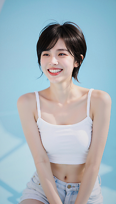 JPG 편집이미지 여자 패션 행복 짧은머리 미소 여름 햇빛 분위기 파란배경 뷰티풀 의료성형뷰티 편집실사 AI인물포토 AI콘텐츠 헤어스타일 계절 감정 백그라운드 컨셉 표정 사람 파란색 태양 CG 파일형식 AI포토