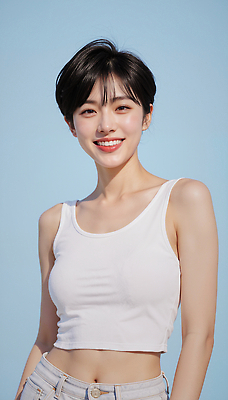 JPG 편집이미지 여자 감정 포즈 백그라운드 상의 하늘 밝음 미소 사람 청춘 카메라 자신감 뷰티풀 의료성형뷰티 스타일 편집실사 AI인물포토 AI콘텐츠 옷 컨셉 표정 전자제품 CG 파일형식 AI포토