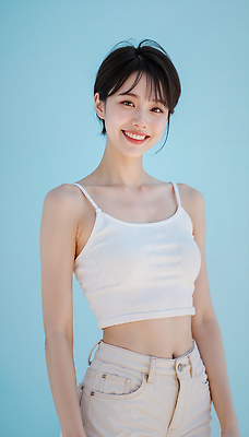 JPG 편집이미지 여자 패션 감정 바지 표정 미소 캐주얼 빛 청춘 분위기 파란배경 소통 의료성형뷰티 스타일 편집실사 AI인물포토 AI콘텐츠 옷 백그라운드 컨셉 하의 사람 파란색 CG 파일형식 AI포토