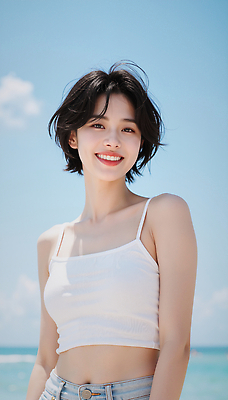 JPG 편집이미지 행복 바다 자연 짧은머리 미소 웃음 해변 캐주얼 여름 태양 즐거움 의료성형뷰티 편집실사 AI인물포토 AI콘텐츠 자연요소 헤어스타일 옷 계절 감정 표정 CG 생태계 파일형식 AI포토