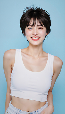 JPG 편집이미지 여자 패션 포즈 짧은머리 표정 미소 민소매 카메라 촬영 파란배경 의료성형뷰티 스타일 청량 편집실사 AI인물포토 AI콘텐츠 헤어스타일 백그라운드 상의 사람 파란색 전자제품 CG 파일형식 AI포토