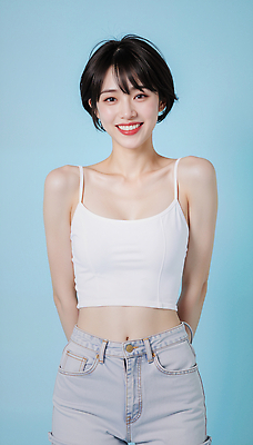 JPG 모델 편집이미지 여자 패션 감정 얼굴 포즈 하늘색 밝음 웃음 촬영 매력적 청바지 표현 탱크톱 의료성형뷰티 스타일 편집실사 AI인물포토 AI콘텐츠 컨셉 상의 바지 표정 사람 신체부위 파란색 CG 파일형식 AI포토
