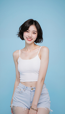 JPG 편집이미지 여자 패션 포즈 하늘색 백그라운드 짧은머리 밝음 미소 캐주얼 청춘 매력적 의료성형뷰티 스타일 편집실사 AI인물포토 AI콘텐츠 헤어스타일 옷 컨셉 표정 사람 파란색 CG 파일형식 AI포토
