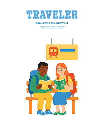 캐릭터 여자 남자 문화 여행 벤치 일러스트 휴식 대화 취미 책 독서 여행객 탐험 백팩 기차역 소통 안내서 여행준비 국내일러스트 일러캐릭터 AI파일 컨셉 의자 가방 말하기 사람 역 준비 파일형식 벡터