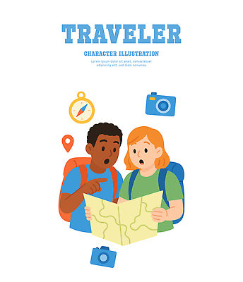 캐릭터 감정 여행 지도 일러스트 배낭 모션 휴식 대화 친구 여행객 공간 탐험 도전 친목 여행준비 조언 탐방 국내일러스트 일러캐릭터 AI파일 컨셉 가방 관계 말하기 사람 준비 파일형식 벡터