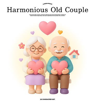 PSD 편집이미지 커플 행복 감정 따뜻함 대화 사랑 3D 노부부 하트 시간 조화 소통 편집3D 모양 부부 컨셉 관계 말하기 디지털합성 파일형식