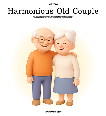 PSD 편집이미지 캐릭터 부부 행복 감정 따뜻함 사랑 웃음 3D 평화 노부부 연령 순간 편집3D 커플 컨셉 표정 디지털합성 파일형식