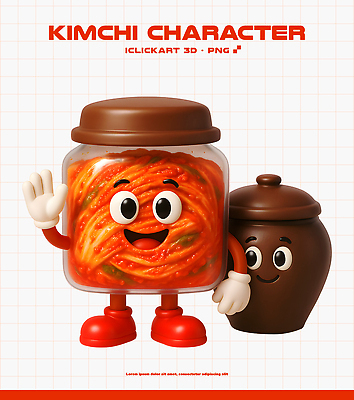 PSD 편집이미지 캐릭터 전통 디자인 문화 음식 김치 미소 웃음 3D 귀여움 표현 항아리 김장 조화 색감 편집3D 한식 컨셉 표정 도자기 디지털합성 파일형식