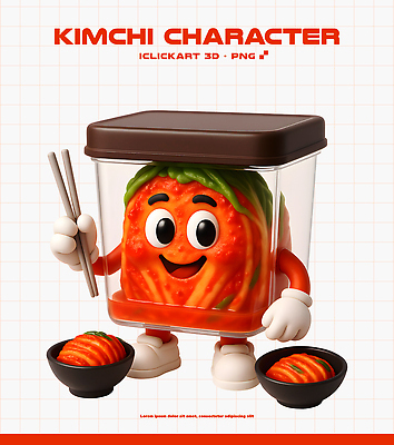 PSD 편집이미지 캐릭터 그릇 디자인 음식 채소 젓가락 김치 한국 요리 3D 귀여움 식사 자신감 김장 편집3D 식기 감정 아시아 한식 컨셉 수저 디지털합성 파일형식