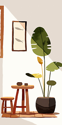 JPG 나무 식물 디자인 화분 컬러 의자 일러스트 창문 자연 탁자 실내 장식 빛 인테리어 공간 편안함 그림 조화 국내일러스트 AI일러스트 AI콘텐츠 가구 내부 감각 생태계 파일형식