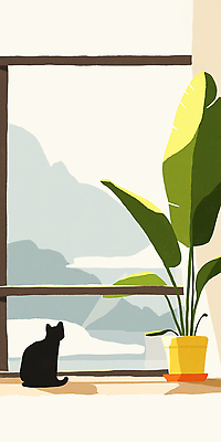 JPG 식물 시선 여유 잎 일러스트 창문 휴식 산 주택 실내 풍경 평화 고양이 공간 방 편안함 주위 전경 국내일러스트 AI일러스트 AI콘텐츠 감정 컨셉 포유류 내부 건물 반려동물 감각 파일형식 탑뷰