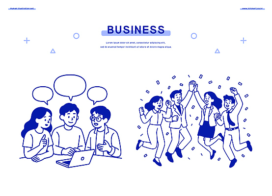 일러스트 비즈니스 모션 성공 회의 협력 아이디어 대화 노트북 사무실 기쁨 축하 업무 분위기 목표 동료 직원 전략 소통 창의성 국내일러스트 AI파일 감정 컨셉 관계 말하기 전자제품 작업 파일형식 벡터