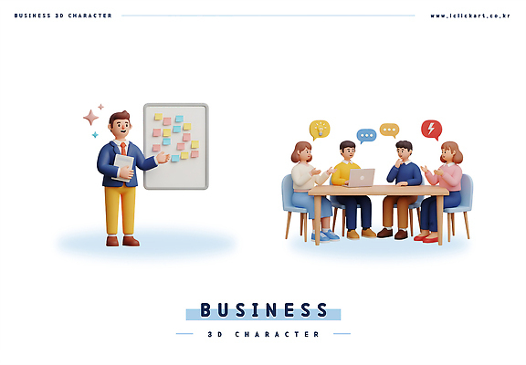 PSD 편집이미지 비즈니스 탁자 회의 협력 직장 여러명 3D 메모지 발표 토론 프레젠테이션 의사소통 참여 편집3D 가구 다수 회사 사람 사무용품 디지털합성 파일형식