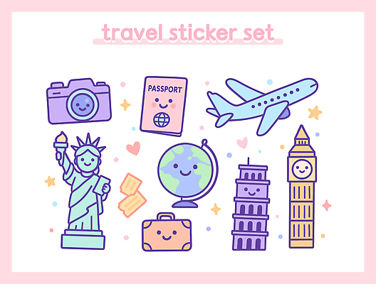 디자인 문화 여행 스티커 일러스트 비행기 그래픽 세트 지구본 카메라 활발 탐험 즐거움 작품 피사의사탑 자유의여신상 기념품 색감 창의성 국내일러스트 AI파일 감정 컨셉 항공교통 대중교통 미술 전자제품 미국 이탈리아 세계문화유산 오브젝트 파일형식 벡터