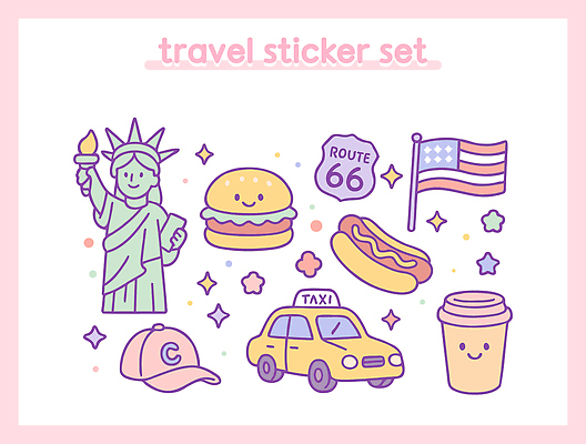 디자인 커피 예술 상징 컬러 여행 스티커 일러스트 도안 그래픽 미국 햄버거 성조기 즐거움 서양문화 택시 자유의여신상 핫도그 국내일러스트 AI파일 감정 음료 음식 외국문화 북아메리카 승용차 자동차 패스트푸드 세계문화유산 국기 파일형식 벡터