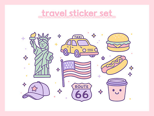 캐릭터 디자인 문화 여행 스티커 일러스트 그래픽 컬러풀 미국 햄버거 표현 도시 국기 택시 자유의여신상 기념품 핫도그 상징물 아이템 테마 국내일러스트 일러캐릭터 AI파일 음식 상징 컬러 북아메리카 승용차 자동차 패스트푸드 세계문화유산 오브젝트 파일형식 벡터