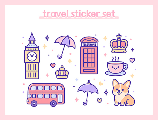디자인 문화 컬러 여행 스티커 패턴 일러스트 우산 그래픽 장식 세트 귀여움 개 차 즐거움 빅벤 랜드마크 전화박스 국내일러스트 AI파일 감정 음료 컨셉 무늬 포유류 공중전화 시계탑 런던 파일형식 벡터