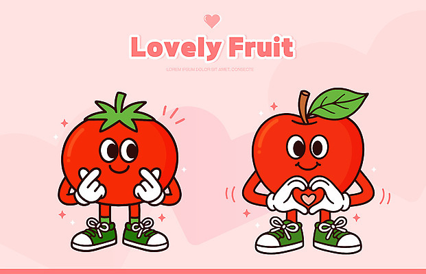 캐릭터 디자인 행복 상징 분홍색 컬러 포즈 백그라운드 토마토 과일 일러스트 사랑 미소 표현 사과 즐거움 심플 일러캐릭터 AI파일 감정 채소 표정 파일형식 벡터