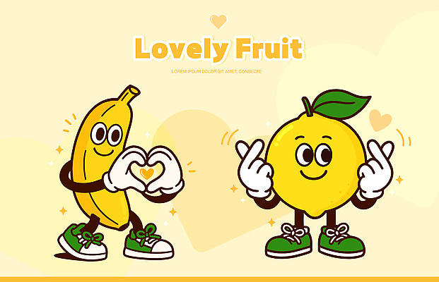캐릭터 디자인 포즈 백그라운드 신발 과일 일러스트 바나나 사랑 친구 노란색 표현 원형 레몬 즐거움 긍정적 일러캐릭터 AI파일 도형 감정 컬러 관계 파일형식 벡터