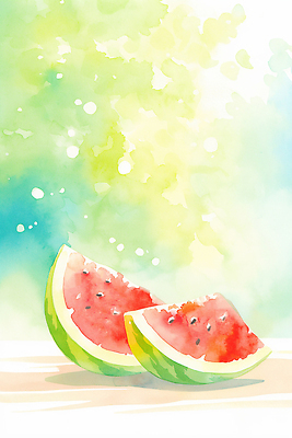 JPG 예술 조각 백그라운드 과일 일러스트 자연 식탁 탁자 디저트 수채화 수박 밝음 풍경 여름 식사 신선 달콤 수분 그림 색감 국내일러스트 AI일러스트 AI콘텐츠 계절 음식 가구 맛 생태계 파일형식
