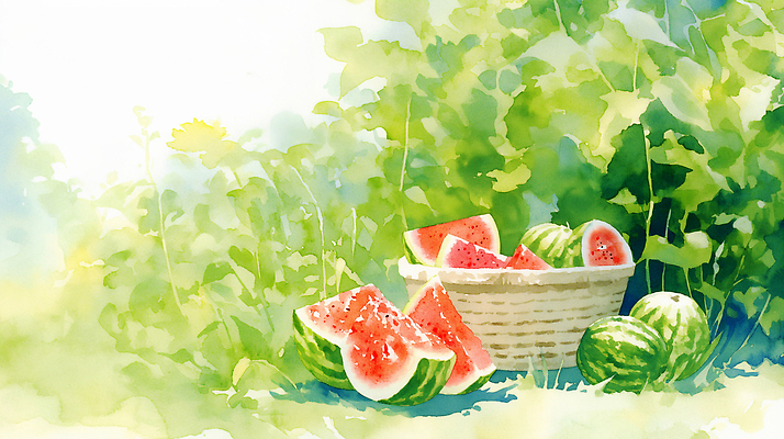 JPG 식물 조각 채소 과일 일러스트 자연 수박 풍경 야외 초록색 여름 햇빛 농장 바구니 정원 수확 신선 달콤 과수원 푸른숲 국내일러스트 AI일러스트 AI콘텐츠 계절 컬러 농업 태양 맛 숲 생태계 파일형식