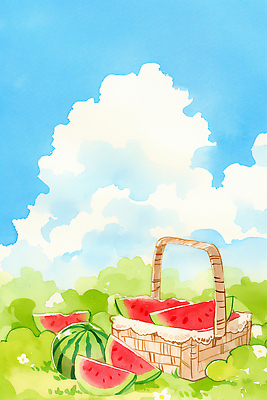JPG 구름 조각 과일 일러스트 자연 하늘 디저트 수박 풍경 초원 야외 여름 파란색 소풍 바구니 신선 즐거움 흰구름 솜사탕 자연적 국내일러스트 AI일러스트 AI콘텐츠 자연요소 계절 감정 음식 컬러 컨셉 야외활동 생태계 파일형식 구름_자연