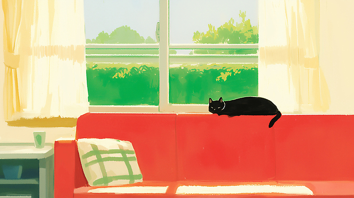 JPG 나무 동물 거실 일러스트 창문 주택 실내 따뜻함 일상 초록색 여름 인테리어 소파 고양이 편안함 창밖 국내일러스트 AI일러스트 AI콘텐츠 식물 디자인 계절 컬러 의자 포유류 내부 건물 라이프 반려동물 감각 파일형식