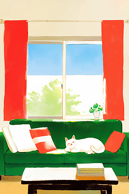 JPG 나무 식물 거실 일러스트 날씨 휴식 일상 빨간색 초록색 반려동물 인테리어 소파 햇빛 고양이 방 흰색 잠 편안함 창가 국내일러스트 AI일러스트 AI콘텐츠 동물 디자인 컬러 컨셉 의자 창문 포유류 라이프 태양 감각 파일형식