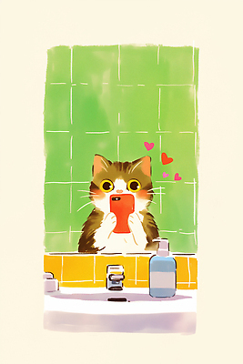 JPG 백그라운드 일러스트 사랑 일상 초록색 스마트폰 반려동물 노란색 귀여움 고양이 청결 거울 욕실 하트 즐거움 그림 캔버스 창의성 국내일러스트 AI일러스트 AI콘텐츠 모양 동물 감정 컬러 컨셉 포유류 라이프 핸드폰 스마트기기 위생 파일형식