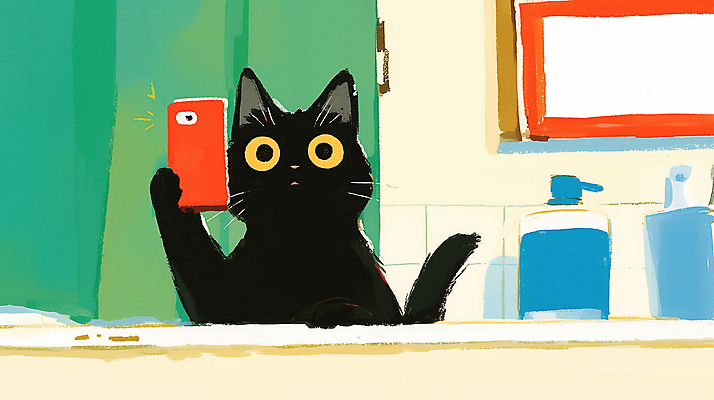 JPG 동물 일러스트 미소 일상 스마트폰 귀여움 디지털 검은색 촬영 고양이 거울 욕실 셀프카메라 세면대 화합 순간 국내일러스트 AI일러스트 AI콘텐츠 컬러 컨셉 포유류 표정 라이프 핸드폰 스마트기기 반려동물 사진촬영 파일형식