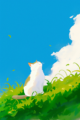 JPG 동물 구름 행복 감정 여유 일러스트 자연 하늘 생명 바람 털 웃음 초원 반려동물 평화 귀여움 고양이 감상 국내일러스트 AI일러스트 AI콘텐츠 자연요소 컨셉 포유류 날씨 표정 생태계 파일형식