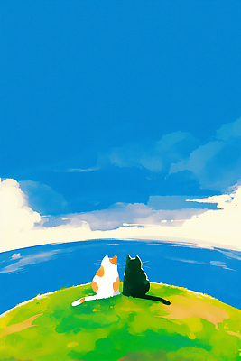 JPG 동물 구름 응시 시선 여유 바다 두마리 일러스트 자연 하늘 풍경 일상 초록색 친구 반려동물 평화 고양이 도시 언덕 조용 순간 국내일러스트 AI일러스트 AI콘텐츠 자연요소 감정 컬러 컨셉 2 포유류 관계 라이프 생태계 파일형식