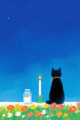 JPG 꽃 별 일러스트 촛불 자연 밤하늘 유리병 전등 조명 앉기 풍경 여름 빛 평화 정원 고양이 고요 향기 감성 국내일러스트 AI일러스트 AI콘텐츠 자연요소 식물 계절 컨셉 초 포유류 모션 하늘 병_용기 반려동물 야간 생태계 냄새 파일형식