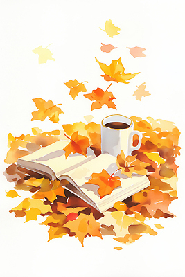 JPG 여유 커피 컬러 단풍 잎 생각 일러스트 자연 따뜻함 풍경 책 독서 평화 가을 감성 사색 오후 국내일러스트 AI일러스트 AI콘텐츠 식물 계절 감정 음료 컨셉 생태계 파일형식