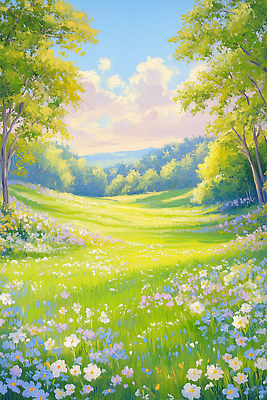 JPG 나무 꽃 컬러 일러스트 자연 하늘 생명 풍경 초원 파란색 햇빛 평화 일출 정원 봄 목초지 들꽃 향기 뷰티풀 국내일러스트 AI일러스트 AI콘텐츠 식물 계절 컨셉 태양 노을 목장 생태계 냄새 파일형식 초원_자연