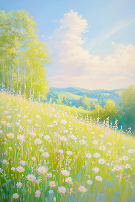 JPG 나무 꽃밭 일러스트 자연 풍경 여름 햇빛 소풍 새싹 평화 들꽃 숲 언덕 뷰티풀 국내일러스트 AI일러스트 AI콘텐츠 식물 계절 꽃 컨셉 태양 야외활동 생태계 파일형식